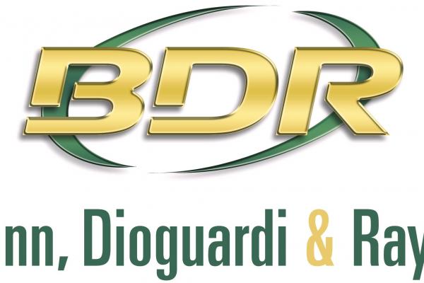 b d r in gold text with green circle behind it, bonn dioguardi & ray llc text below in green with gold ampersand 