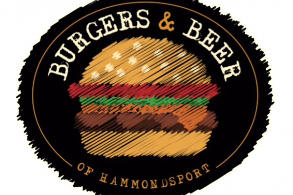 sketch image of burger with white burgers & beer text above it, all on a black background