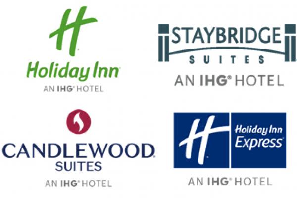 IHG Logos: Holiday Inn upper left corner, staybridge suites upper right corner, candlewood suites lower left corner, holiday inn express lower right corner