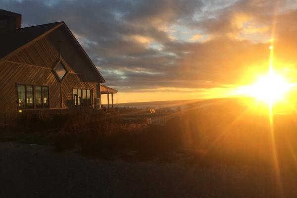 sunset with sun globe at right middle side of image with sun rays hitting the tasting room
