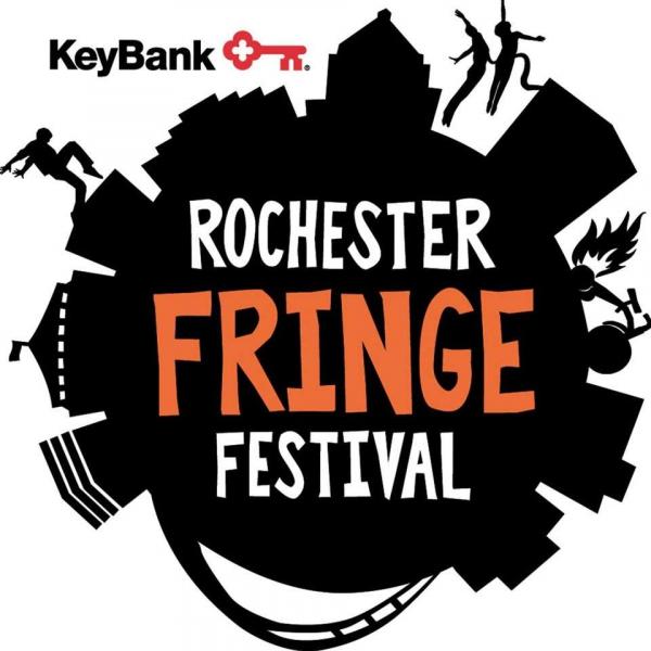 black circle with cityscape outline around the perimeter white rochester text in the middle of the circle, orange fringe text and white festival text all stacked in middle