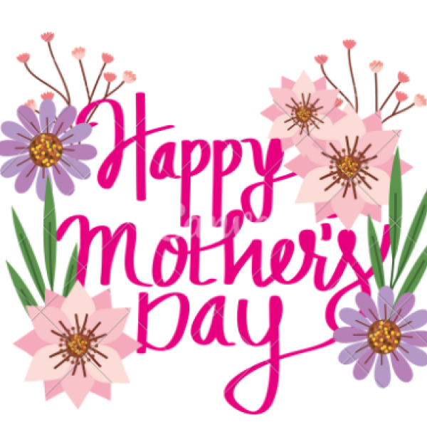 pink cursive text happy mother's day surrounded by green leaves and stems and pink and purple flowers