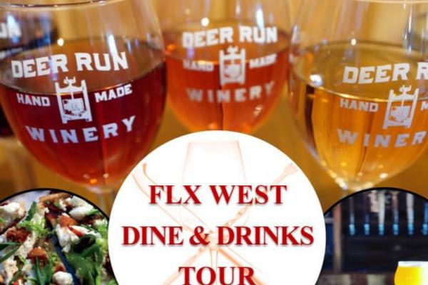 FLX West logo in front of a flight of 3 wines