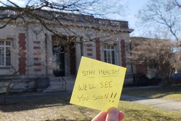 Seymour Library building and stay healthy message