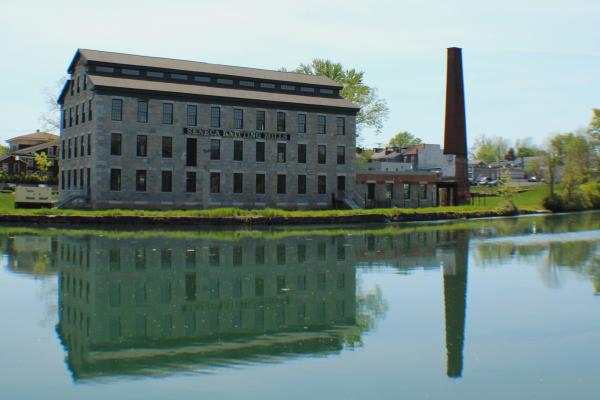 View of the Seneca Knitting Mill across the Seneca-Cayuga Erie Canal. The new home of the National Women's Hall of Fame.