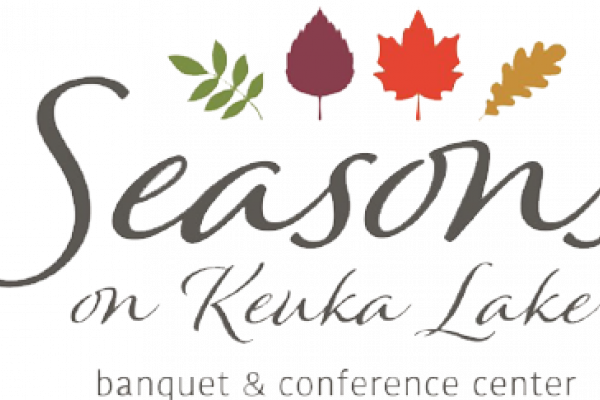seasons script logo with 4 different leaf styles and colors at top center and 'on keuka lake' script text below seasons script text