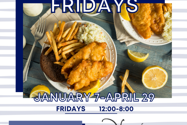Fish and brew fridays at Veraisons Restaurant at Glenora Wine Cellars. January 7-April 29 2022. 12:00pm-8:00pm. Add a glass of local wine or beer for just $6!