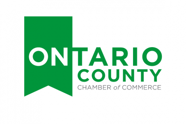 Ontario County Chamber of Commerce Logo, the letter "ON" are in a green banner with "tario county" outside of the banner.