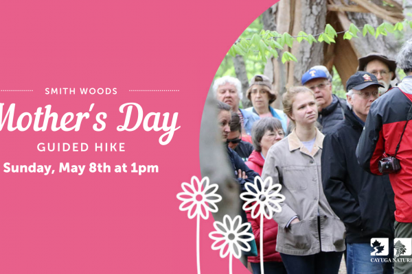 Mother's Day Hike event graphic in pink with photo of hikers