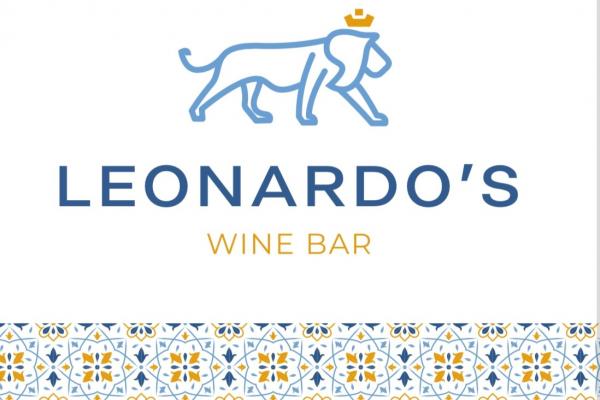 lion with a crown walking, words "Leonardo's Wine Bar" written out with mosaic design on bottom half