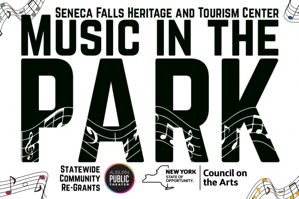 Music in the Park sign, with Seneca Museum of Waterways and Industry at the top and sponsors at the bottom.