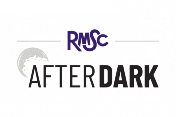 On a white back ground is the purple logo for RMSC. Beneath that is a light grey moon that touches the tops of the A and F in the black texted words AFTER DARK.