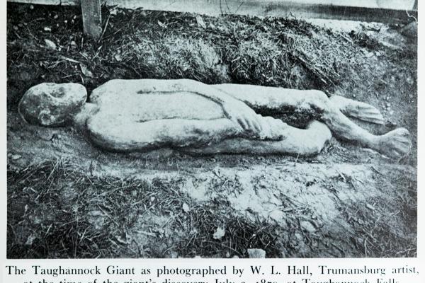 Photo of fake “petrified man” called “The Taughannock Giant” at Taughannock Falls in the 19th century