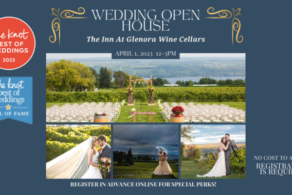 Flyer showing majestic views of a wedding ceremony on Seneca Lake with 3 photos of 1) bride and groom with long veil 2) two brides in the rain in wedding dresses 3) a bridal couple in front of beautiful seneca lake. Also featured two awards: 2023 Best of Weddings and Hall of Fame award for Glenora Wine Cellars