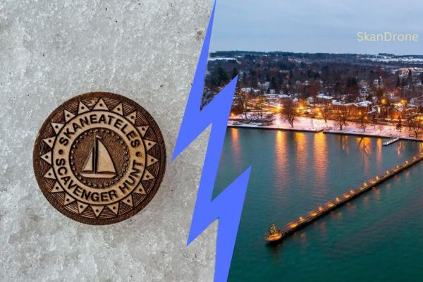 A picture of a token in snow a blue lightning bolt splits the picture in two with the right hand side being a drone photo of Skaneateles Lake and the main street. The text at the top has the event name and dates