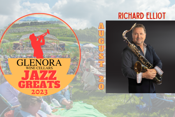 Picture of Jazz Greats logo 2023 with picture of a man playing the trumpet, next to a photo of this year's act: Richard Elliot holding his saxophone