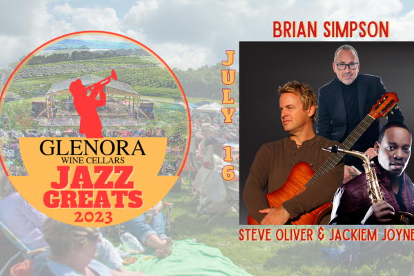 Logo with man playing trumpet, with words Glenora Jazz Greats 2023 with pictures of the trio Brian Simpson, Steve Oliver, & Jackiem Joyner