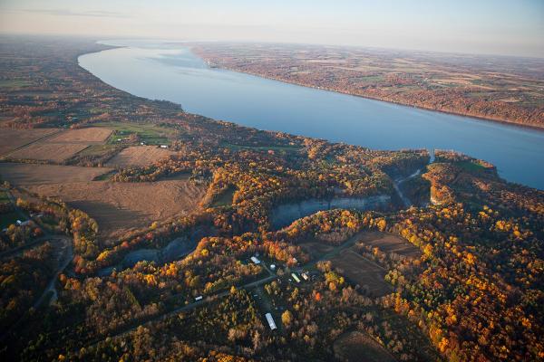 Aerial view of Taughannock Falls State Park and Cayuga Lake in autumn. Photo by Bill Hecht.