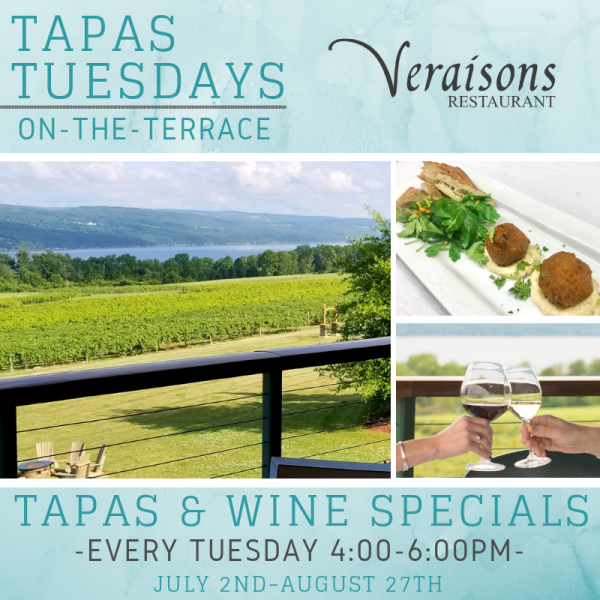 Artful shots of vineyards, food, and a couple clinking wine glasses together, to advertise Tapas Tuesdays at Veraisons restaurant.