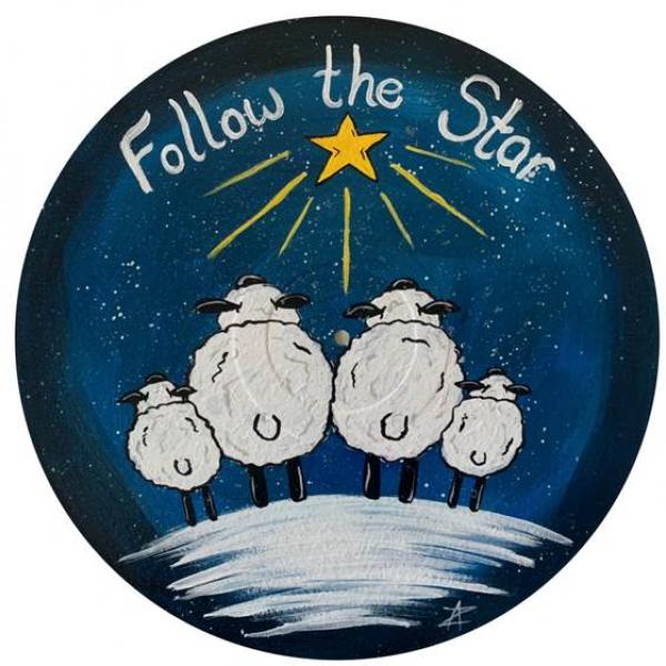 Painting Sheep looking at star with text Follow the Star