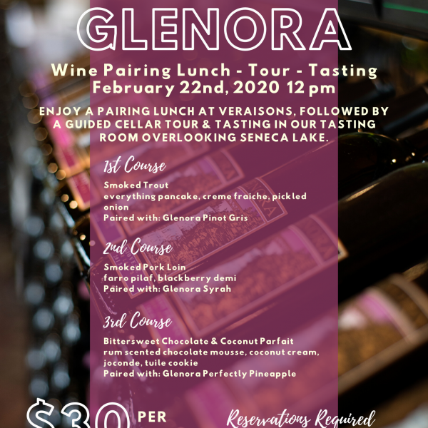 Flyer for A Taste of Glenora, featuring a bottle shot of rich reds. Includes event pricing, menu for tasting event, and future dates.