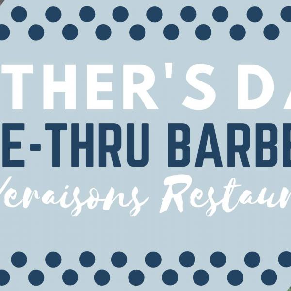 Banner image for Drive-Thru Barbecue at Veraisons, with blue and white text, featuring small images of chicken barbecue and sides.