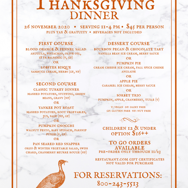 Flyer for Thanksgiving Dinner at Veraisons, with orange text and images and a marble background. Includes menu, which is available for screen reading at glenora.com/restaurant/thanksgiving-dinner