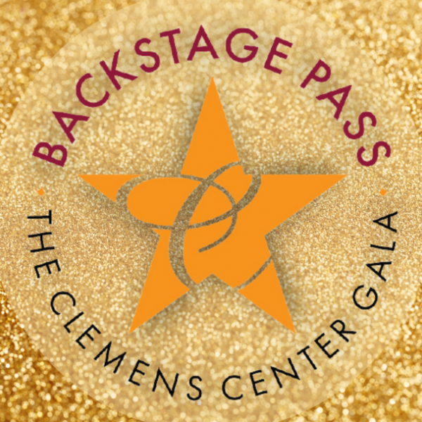 Backstage Pass: The Clemens Center Gala logo with gold background