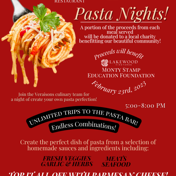 We're thrilled to announce our upcoming Pasta Night—where a portion of the proceeds from each meal served will be donated to the Lakewood Monty Stamp Education Fund!