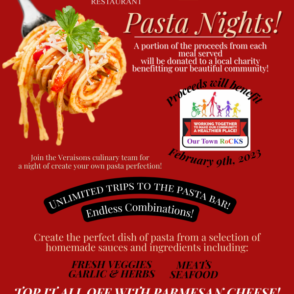 We're thrilled to announce our upcoming Pasta Night—where a portion of the proceeds from each meal served will be donated to OUR TOWN ROCKS!