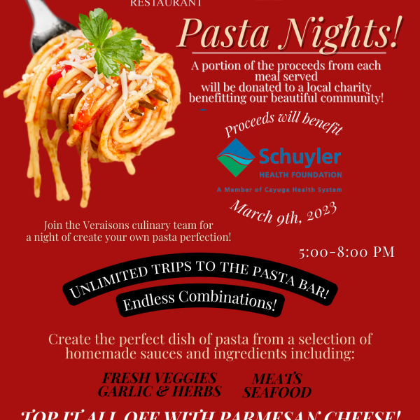 We're thrilled to announce our upcoming Pasta Night—where a portion of the proceeds from each meal served will be donated to the Schuyler Health Foundation!