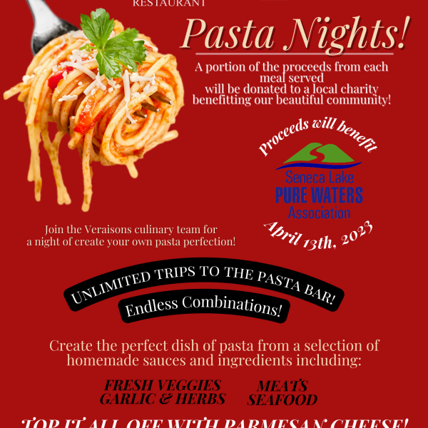 We're thrilled to announce our upcoming Pasta Night—where a portion of the proceeds from each meal served will be donated to Seneca Lake Pure Waters!