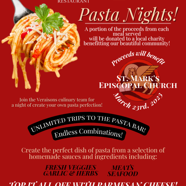 We're thrilled to announce our upcoming Pasta Night—where a portion of the proceeds from each meal served will be donated to St. Mark's Episcopal Church