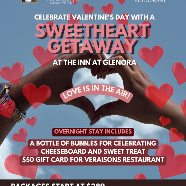 Join us for a Sweetheart's weekend with our ultimate package! Package includes: Overnight stay for 2, Sweet Treat and Cheeseboard, $50 Gift Card to Veraisons Restaurant and a bottle of bubbles!