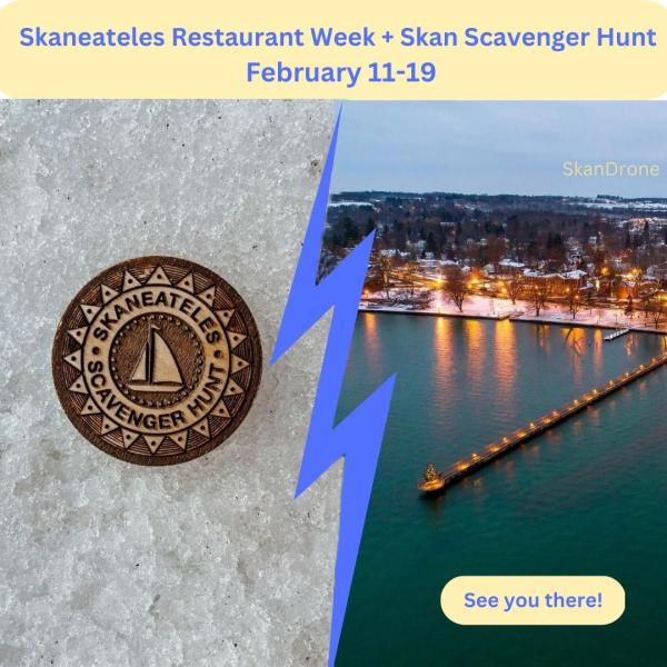 A picture of a token in snow a blue lightning bolt splits the picture in two with the right hand side being a drone photo of Skaneateles Lake and the main street. The text at the top has the event name and dates
