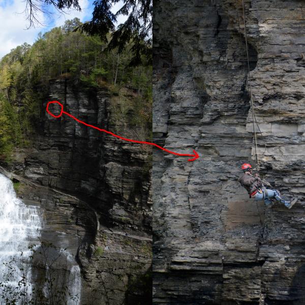 A scaler works on a cliff above Lucifer Falls; close up on right.