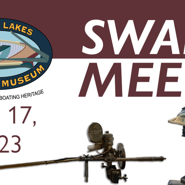 Swap Meet -June 17, 2023. Finger Lakes Boating Museum Logo with two cutout photos of boat engines.