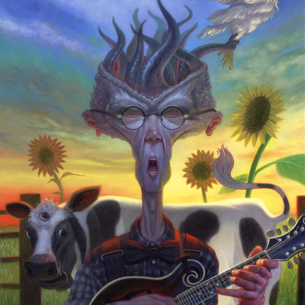 Pop-surrealist image of zombie tentacle man playing guitar in field with 3-eyed cow, rooster caught in a tentacle and tall sunflowers. Rainbow sky.