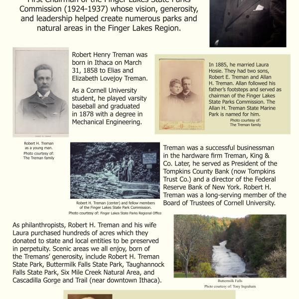 The new interpretive sign at the park explaining who Robert H. Treman was and why the park is named for him.