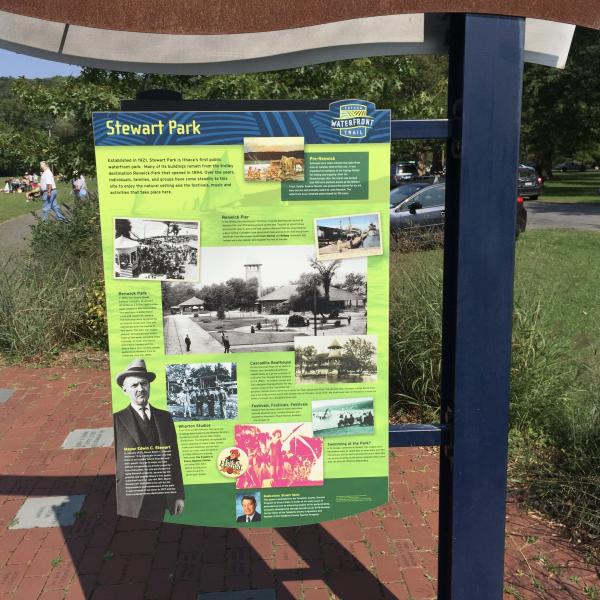 An interpretive sign along the Cayuga Waterfront Trail in Stewart Park in Ithaca