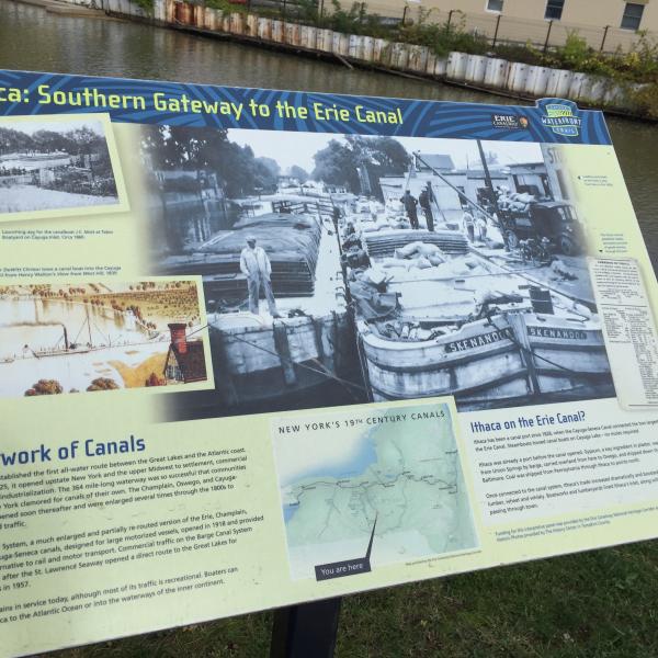 An interpretive sign near where the Cayuga Waterfront Trail crosses Cayuga Inlet, part of the Erie Canalway National Heritage Corridor