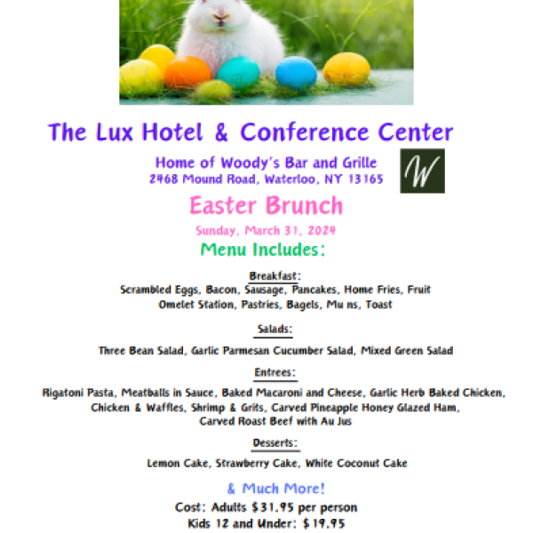 white bunny in grass with colored eggs and Easter brunch menu text with menu items