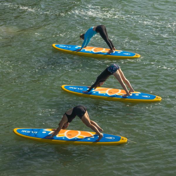 Three people do downward facing dog pose on paddleboards on Lake Ontario